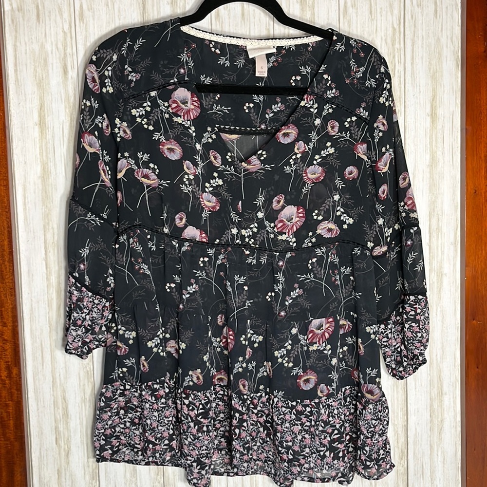 Knox Rose Black Floral Babydoll Boho Sheer Top Size S